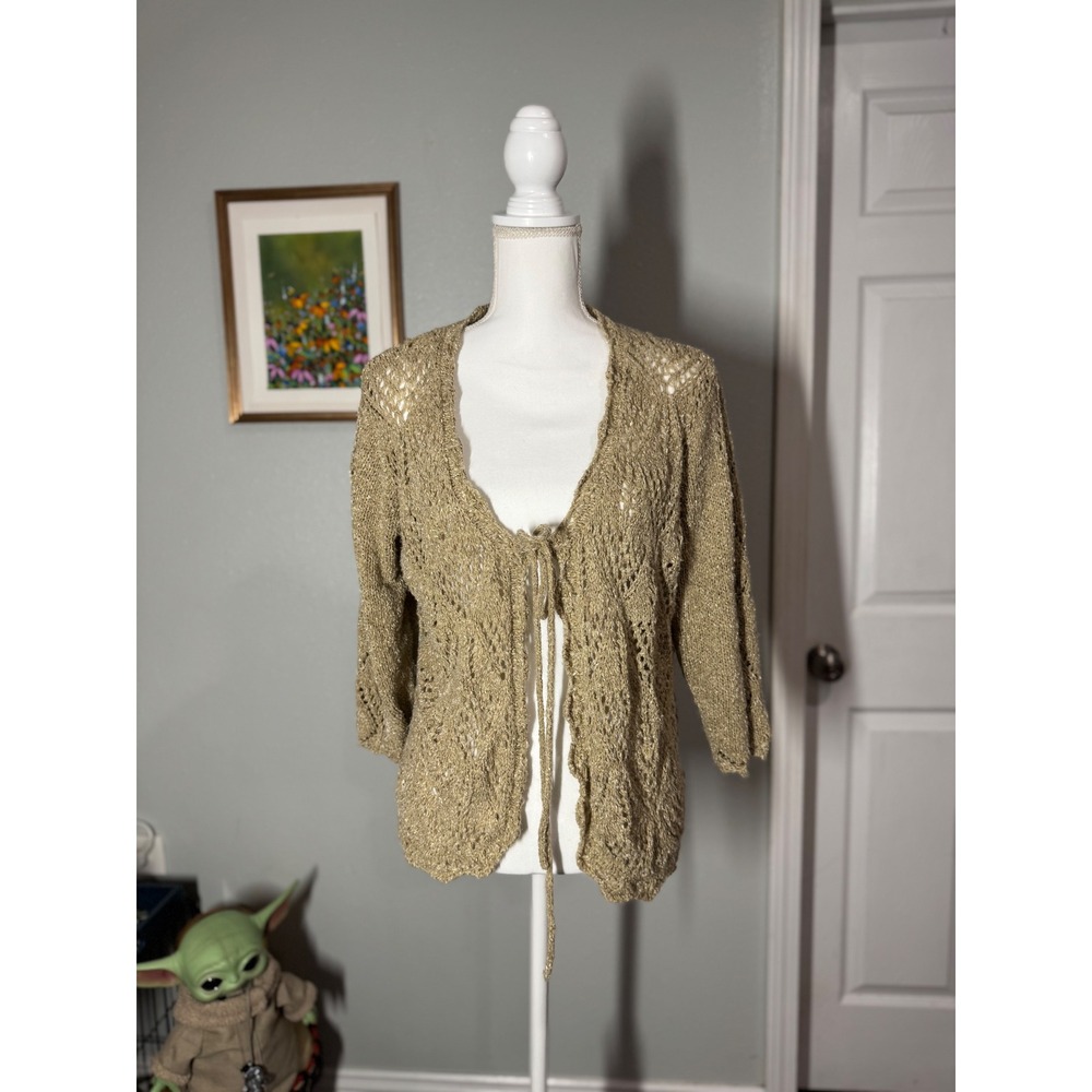 Denver Hayes Knit Open Front Cardigan Large Gold Shimmer Tie Front‎